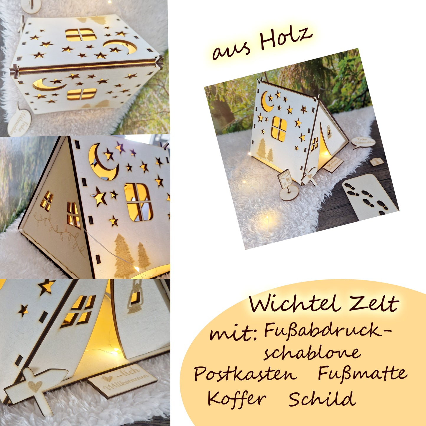 Wichteltür Zelt aus Holz mit Dekorationen, ideal als Wichtelhäuschen für Weihnachten